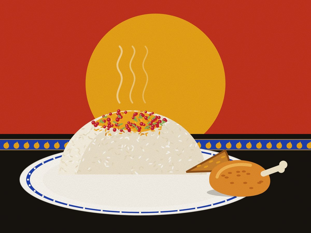 Zereshk polo ba morgh, painted in the Persiahaus style